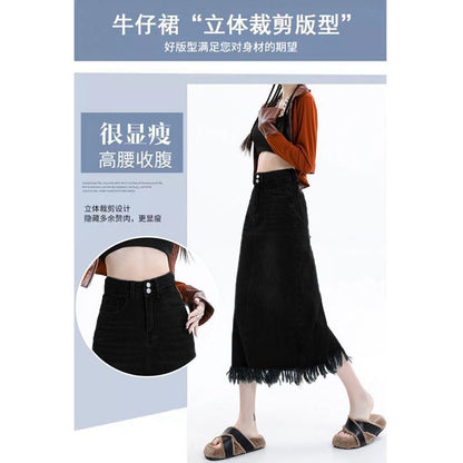High Waist Fringe Frayed Denim Midi Skirt