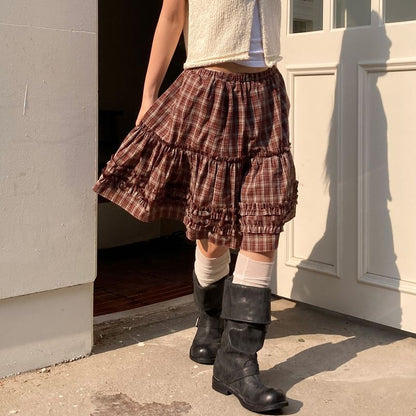 Low Waist Plaid Ruffled Mini A-Line Skirt