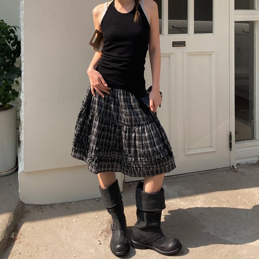 Low Waist Plaid Ruffled Mini A-Line Skirt