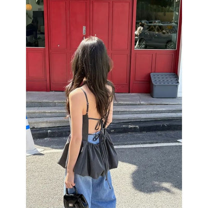 Square Neck Plain Bubble Hem Peplum Camisole Top