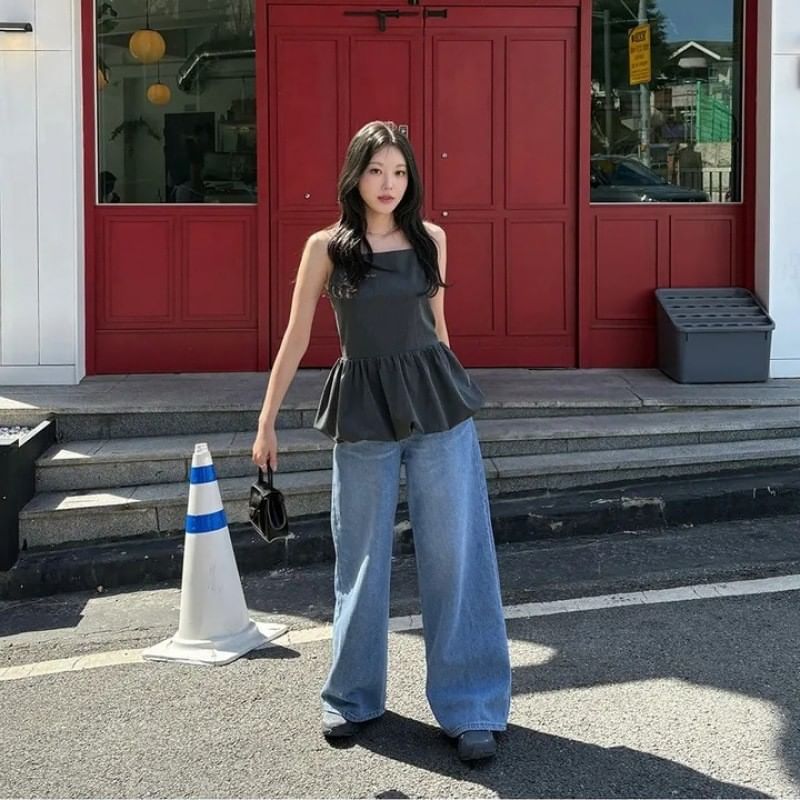 Square Neck Plain Bubble Hem Peplum Camisole Top