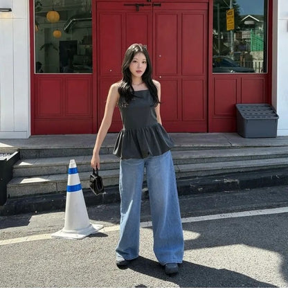 Square Neck Plain Bubble Hem Peplum Camisole Top