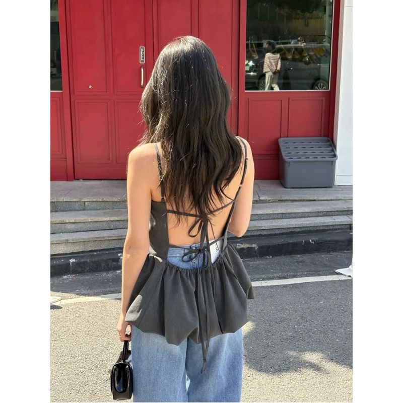 Square Neck Plain Bubble Hem Peplum Camisole Top