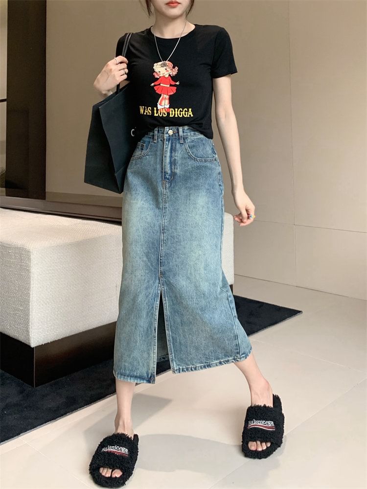 Mid Rise Washed Denim Midi A-Line Skirt