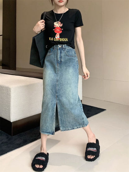 Mid Rise Washed Denim Midi A-Line Skirt