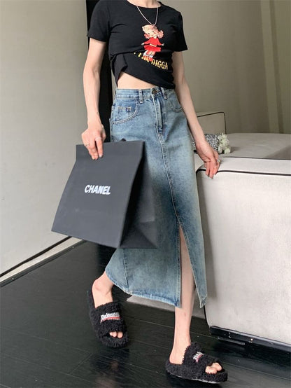 Mid Rise Washed Denim Midi A-Line Skirt