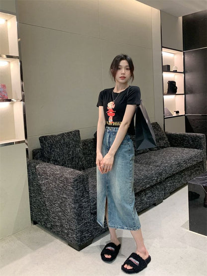 Mid Rise Washed Denim Midi A-Line Skirt