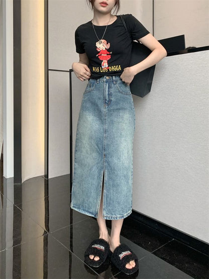 Mid Rise Washed Denim Midi A-Line Skirt