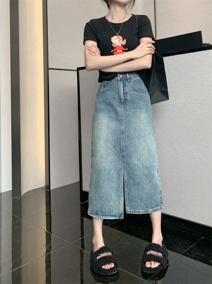 Mid Rise Washed Denim Midi A-Line Skirt
