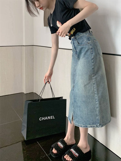 Mid Rise Washed Denim Midi A-Line Skirt
