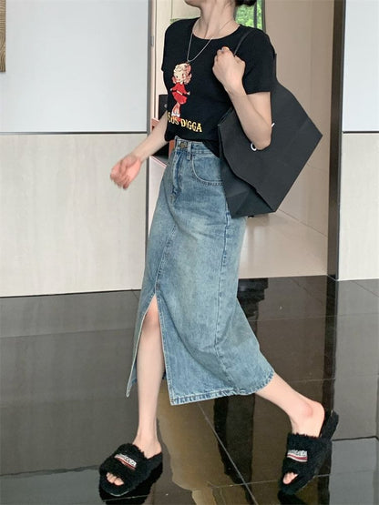 Mid Rise Washed Denim Midi A-Line Skirt
