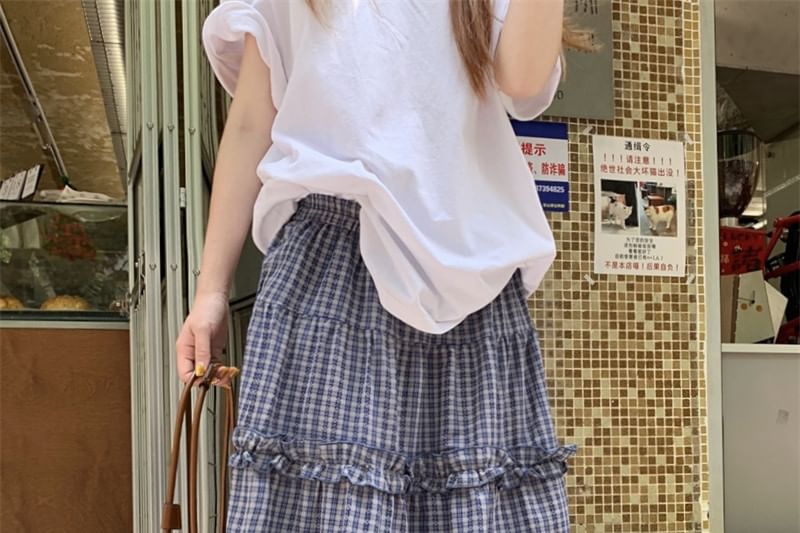 Elastic Waist Plaid Frill Trim A-Line Skirt
