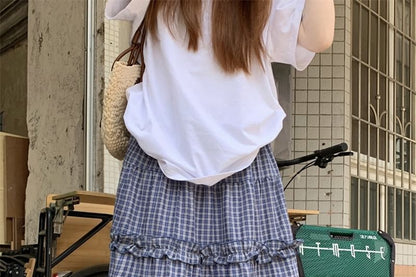 Elastic Waist Plaid Frill Trim A-Line Skirt