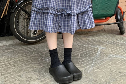 Elastic Waist Plaid Frill Trim A-Line Skirt