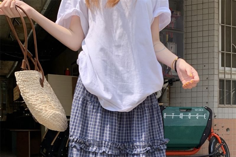 Elastic Waist Plaid Frill Trim A-Line Skirt