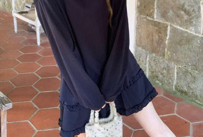 Set: Long-Sleeve Crew Neck Plain Sheer Panel Tie Back T-Shirt + Elastic Waist Frill Trim Mini A-Line Skirt
