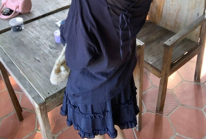 Set: Long-Sleeve Crew Neck Plain Sheer Panel Tie Back T-Shirt + Elastic Waist Frill Trim Mini A-Line Skirt