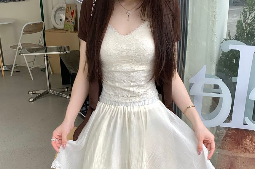 Elastic Waist Asymmetrical Lace Panel Layered A-Line Skirt