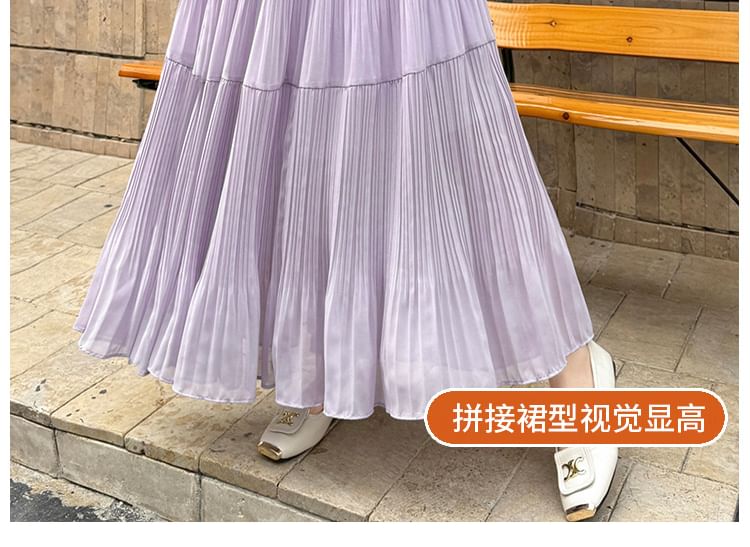 High Waist Plain Accordion Pleated Maxi A-Line Skirt