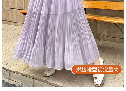 High Waist Plain Accordion Pleated Maxi A-Line Skirt