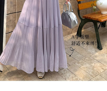 High Waist Plain Accordion Pleated Maxi A-Line Skirt