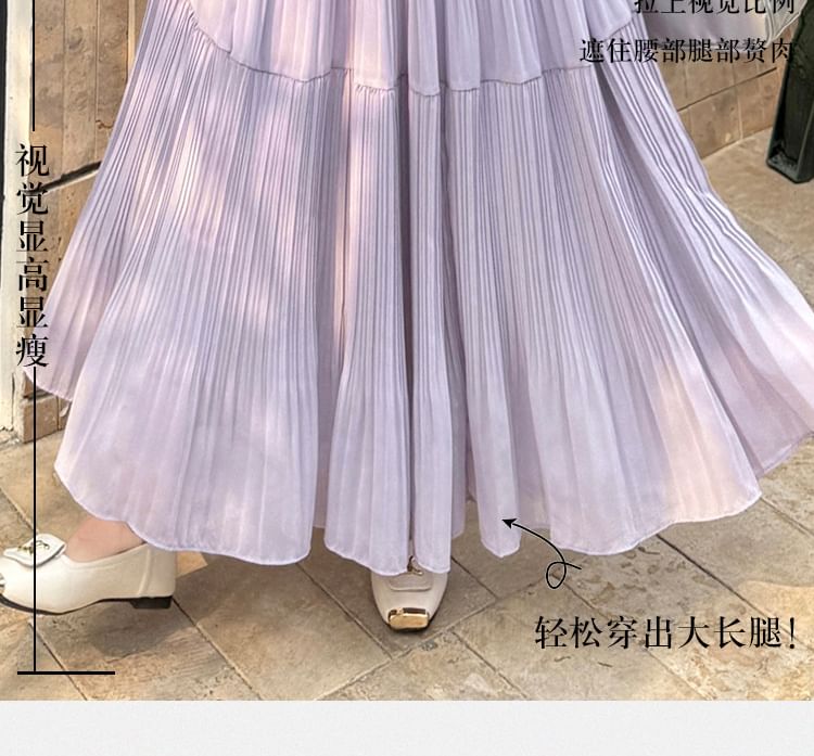 High Waist Plain Accordion Pleated Maxi A-Line Skirt
