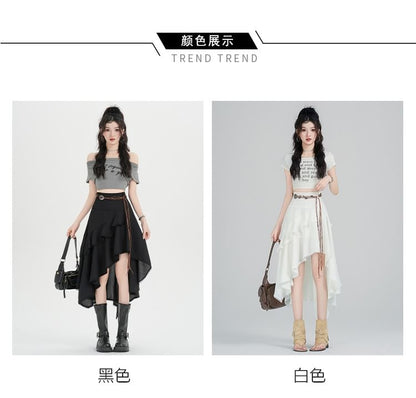 Set: High Waist Plain Asymmetrical Lace Trim A-Line Skirt + String Belt