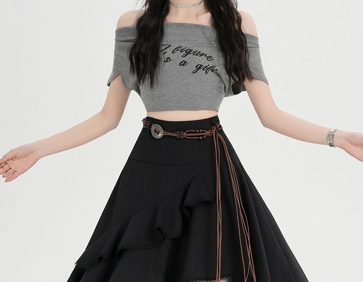 Set: High Waist Plain Asymmetrical Lace Trim A-Line Skirt + String Belt