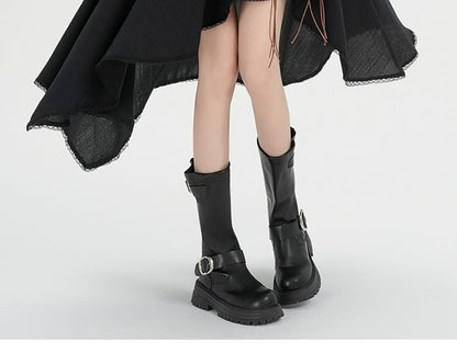 Set: High Waist Plain Asymmetrical Lace Trim A-Line Skirt + String Belt
