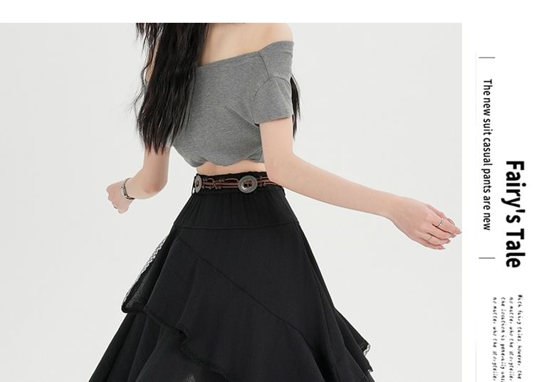 Set: High Waist Plain Asymmetrical Lace Trim A-Line Skirt + String Belt