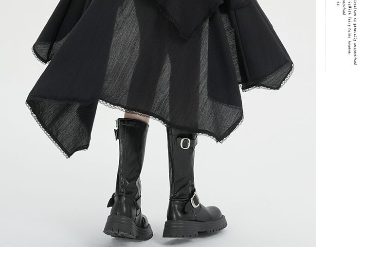 Set: High Waist Plain Asymmetrical Lace Trim A-Line Skirt + String Belt