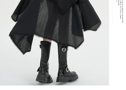 Set: High Waist Plain Asymmetrical Lace Trim A-Line Skirt + String Belt