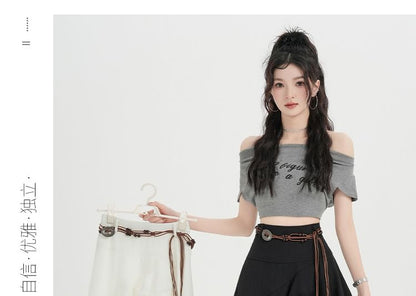 Set: High Waist Plain Asymmetrical Lace Trim A-Line Skirt + String Belt