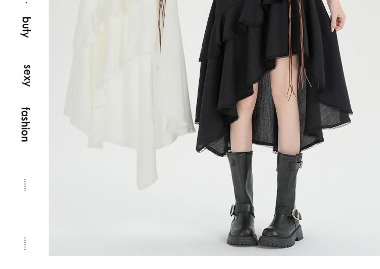 Set: High Waist Plain Asymmetrical Lace Trim A-Line Skirt + String Belt