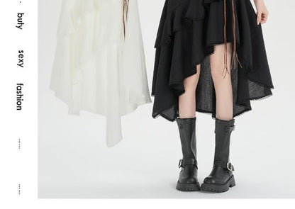 Set: High Waist Plain Asymmetrical Lace Trim A-Line Skirt + String Belt