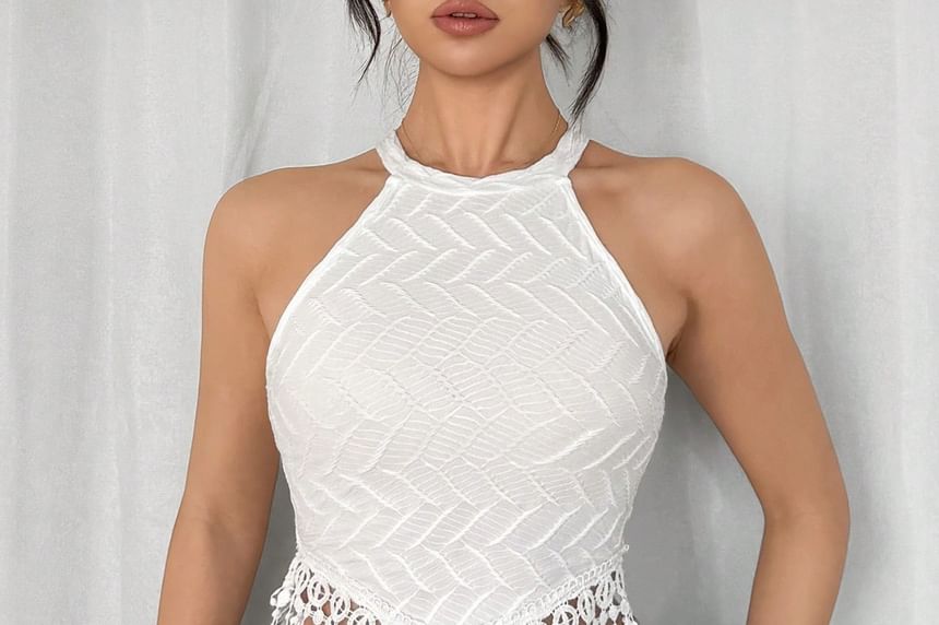 Fringed Halter Crop Camisole with Textured Fabric