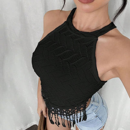 Fringed Halter Crop Camisole with Textured Fabric