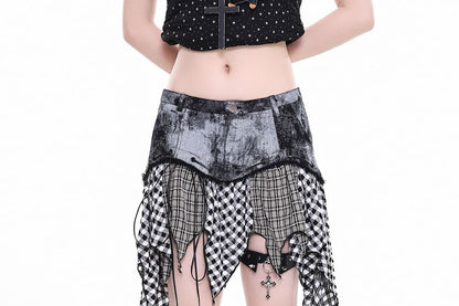 Low Waist Plaid Panel Asymmetrical Mini Skirt