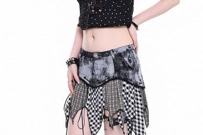 Low Waist Plaid Panel Asymmetrical Mini Skirt