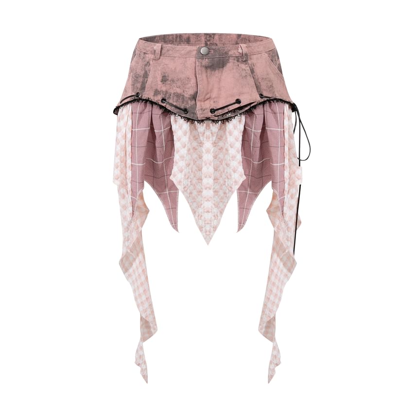Low Waist Plaid Panel Asymmetrical Mini Skirt