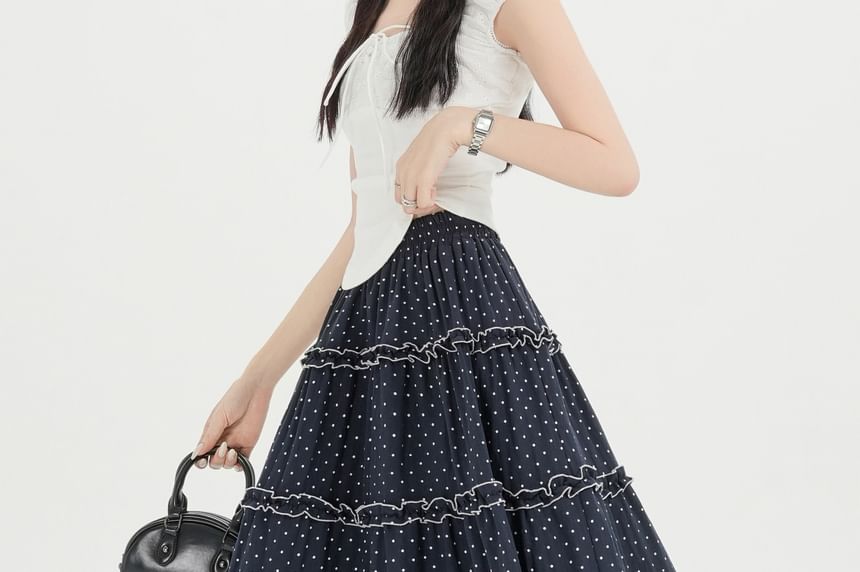 High Waist Polka Dot Frill Trim A-Line Skirt