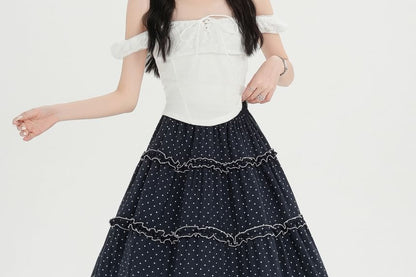 High Waist Polka Dot Frill Trim A-Line Skirt