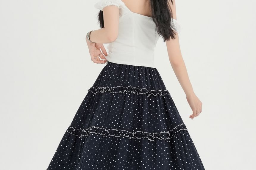 High Waist Polka Dot Frill Trim A-Line Skirt