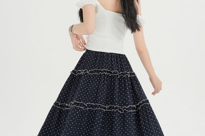 High Waist Polka Dot Frill Trim A-Line Skirt