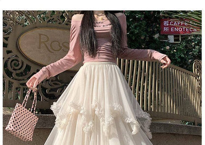 High Waist Plain Ruffle Asymmetrical Mesh Panel Maxi A-Line Skirt