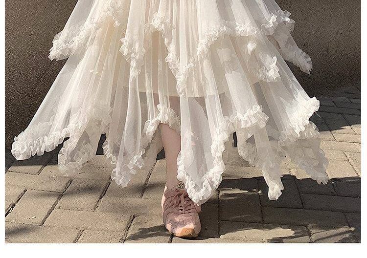 High Waist Plain Ruffle Asymmetrical Mesh Panel Maxi A-Line Skirt