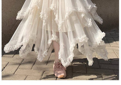 High Waist Plain Ruffle Asymmetrical Mesh Panel Maxi A-Line Skirt