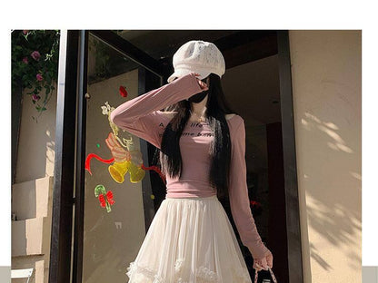 High Waist Plain Ruffle Asymmetrical Mesh Panel Maxi A-Line Skirt
