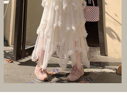 High Waist Plain Ruffle Asymmetrical Mesh Panel Maxi A-Line Skirt