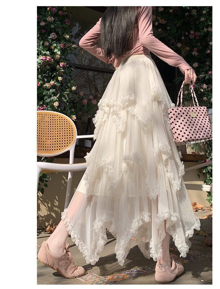 High Waist Plain Ruffle Asymmetrical Mesh Panel Maxi A-Line Skirt
